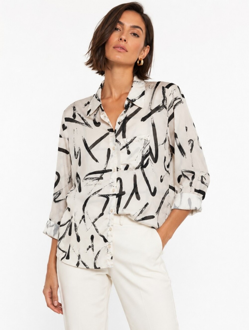 Abstract Brushstroke Button-Up Blouse in Ivory and Black